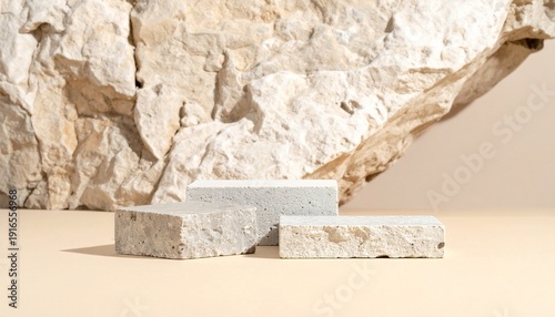 Three rectangular stone blocks on flat surface before rugged textured stone wall, rough uneven surfaces, natural limestone appearance, architectural and geological representation of construction mater
