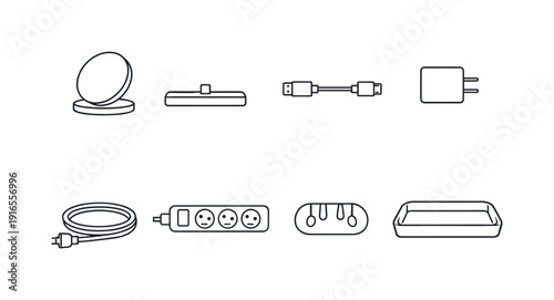 Home bedside charging items: wireless charger, charging dock, USB cable, power adapter, extension cord, power strip, cable clip, nightstand tray