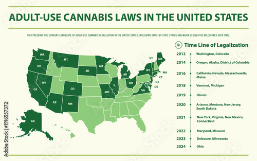 Includes a state-by-state overview and an updated legalization timeline through 2025. Suitable for news articles, policy discussions, research presentations, and public information materials.
