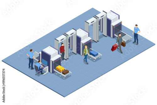 Metal detector. Isometric airport security control with metal detector gate and passenger inspection. Guard check bag on table. Safety screening concept, access control and protection system.