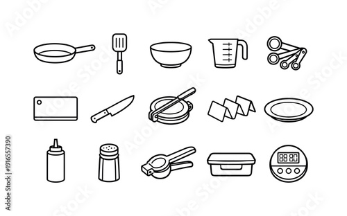 Home taco cooking tools: frying pan, spatula, mixing bowl, measuring cup, measuring spoon, cutting board, chef knife, tortilla press, taco holder