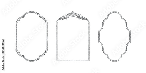 A vintage set of frames in the Baroque and Rococo styles. Classic frames with hand-drawn swirls of leaves and flowers. Whimsical Victorian-style frames for wedding invitations and cards. Vector