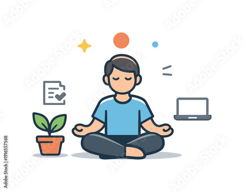 Workplace mindfulness and focused attention in a fast-paced professional routine, a calm human figure seated beside a small plant and a centered dot