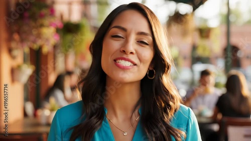Wallpaper Mural Smiling woman with long dark hair waving her hand in a casual outdoor setting with blurred background Torontodigital.ca