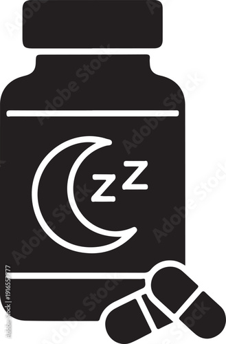 Sleep aid supplement bottle with capsules for a restful night's sleep icon