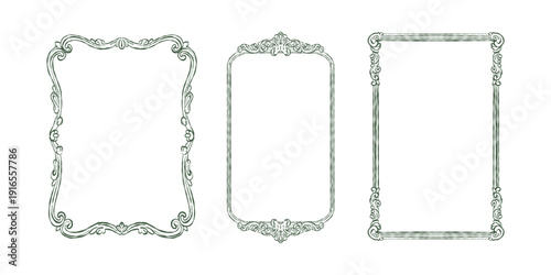 A vintage set of frames in the Baroque and Rococo styles. Classic frames with hand-drawn swirls of leaves and flowers. Whimsical Victorian-style frames for wedding invitations and cards. Vector