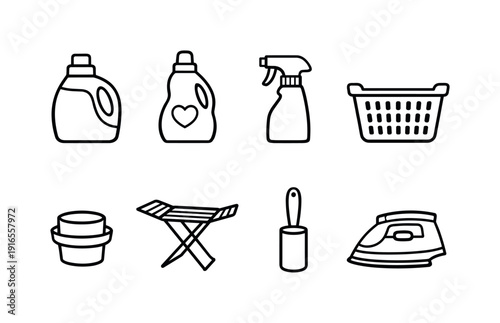 Home laundry cleaning tools: detergent bottle, fabric softener bottle, stain remover spray, laundry basket, measuring cap, drying rack, lint roller
