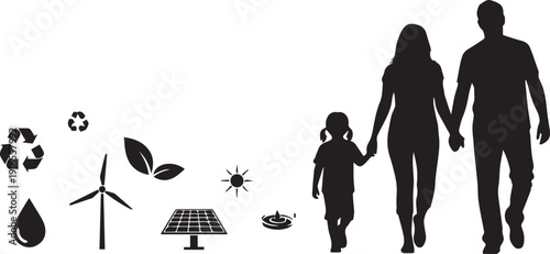 Sustainable family silhouette illustration walking among eco icons solar panel wind water vector