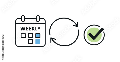 Weekly review and reflection process in a calm professional routine focused on continuous improvement, a simple calendar page beside a circular arrow