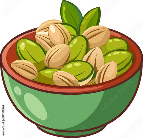 Small snack bowl filled with pistachios.., white background