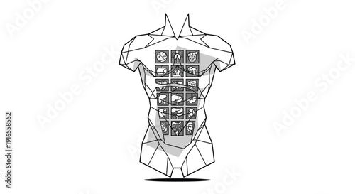 A geometric outline drawing of a human torso with square panels containing various internal organ illustrations, Generative AI.