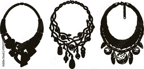 Three black silhouettes of necklaces with unique designs on transparent background