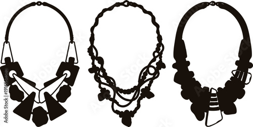 Three black silhouettes of ornate necklaces on a white background  jewelry designs