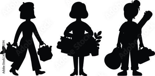 Three black silhouette children carrying bags and plants in hands  kids with luggage and leaves