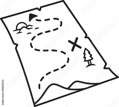 Pirate treasure map with dotted line path, 'x' marks spot, stylized tree, sun and clouds, ancient parchment, adventure quest illustration