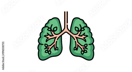 Green human lungs with a branching tree-like structure and leaves symbolize respiratory health and natural breathing on a white background, Generative AI.