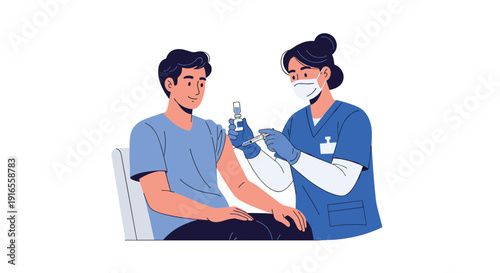 A female healthcare professional wearing a mask and gloves administers a vaccine injection to a male patient in a clinic setting, Generative AI.