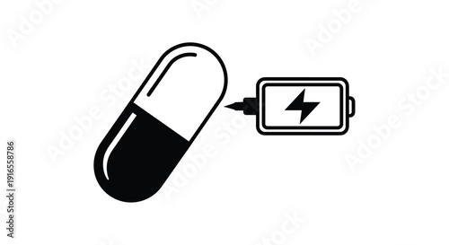 A black and white medical pill capsule is connected to a battery icon symbolizing energized medication and pharmaceutical power for wellness, Generative AI.