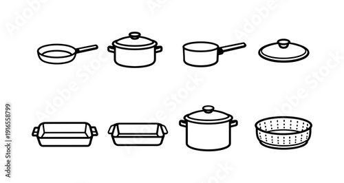 Home kitchen cookware set: frying pan, cooking pot, saucepan, lid, roasting tray, baking dish, stockpot, steamer basket