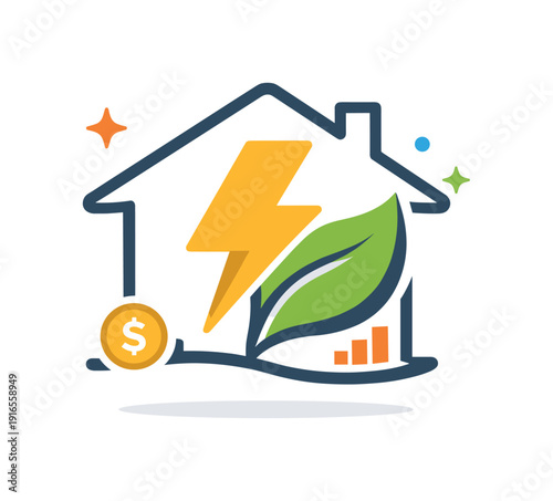 Sustainable home energy awareness and cost-saving habits centered on mindful consumption and efficiency, a house outline combined with a lightning
