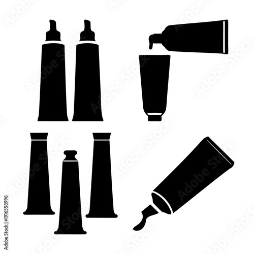 Collection of toothpaste, cream, or paint tubes vector silhouettes in various poses
