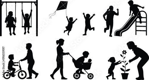 Family outdoor activities silhouettes set, parents and children playing in park, happy childhood lifestyle moments, parenting bonding, vector illustration collection