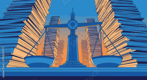Concept of legal balance with a scale weighing towering piles of official documents, representing justice, regulations, and administrative burden.