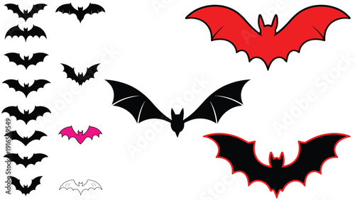 Bat Silhouette Set in Black and Red for Halloween Design