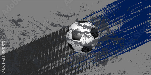 Action-packed football poster design, soccer ball flying at high speed, bold blue paint streaks. Eps10