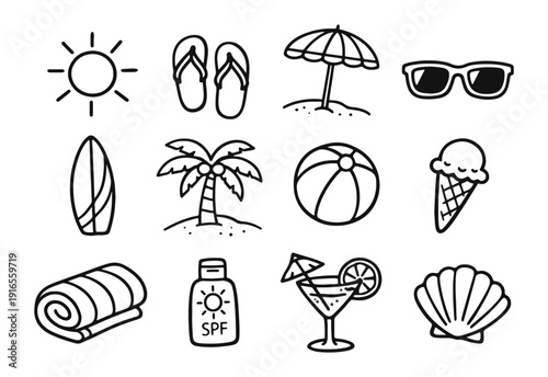 Doodle Style Summer Vacation and Travel Icons Collection