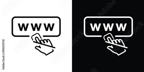 WWW browser address bar icon with a hand using a stylus pen. Linear black and white vector design for digital navigation, touch screens, and internet interface concepts.