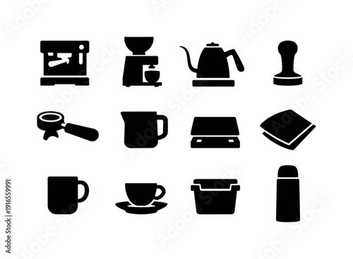 Home barista tools: espresso machine, coffee grinder, kettle, tamper, portafilter, milk pitcher, coffee scale, filter paper, mug, cup saucer, knock