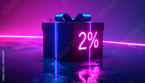 Neon glowing gift box with 2% discount sign, futuristic cyberpunk sale promotion background, 3D render for ecommerce marketing, holiday offer, Black Friday deal concept