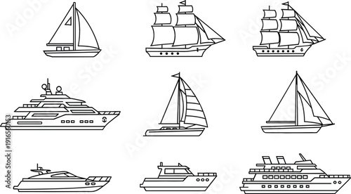 Sailboat and Ship Icon Set Featuring Yacht, Cruise Liner, Cargo Vessel, Speedboat and Classic Sailing Ships for Maritime Travel and Transportation Design