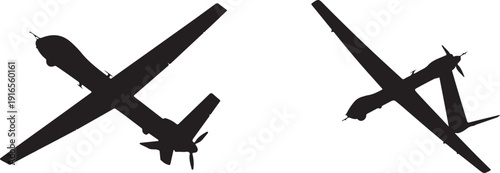 Silhouette of two military drones or unmanned aerial vehicles in flight from different angles on transparent background