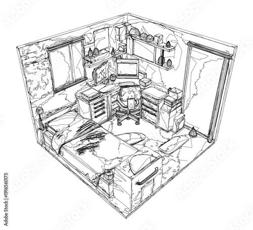 A retro teenage bedroom contour drawing in stark black and white. The room features a bed, a desk with scattered objects, a chair, and a window. The clean white background emphasizes the minimalist.