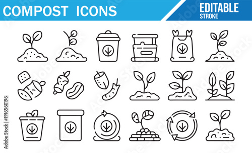 Outline icons of compost bins, soil, and worms with editable stroke.