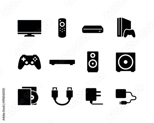 Home media devices: television, remote control, streaming box, game console, controller, soundbar, speaker, subwoofer, media shelf, disc case, HDMI