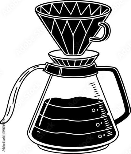 Pour Over Coffee Brewing Equipment Black and White Vector Illustration