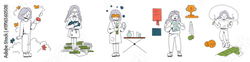 Set of five illustrations showing children engaged in diverse educational, scientific, and recreational activities