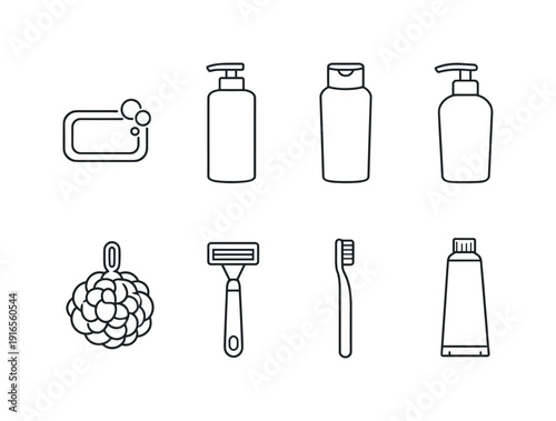Bathroom personal care items: soap bar, shampoo bottle, conditioner bottle, lotion bottle, loofah sponge, shaving razor, toothbrush, toothpaste tube