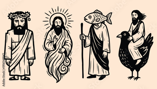Black and White Surreal Religious Woodcut Set