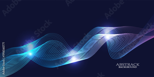 Abstract futuristic background, flowing neon blue light waves made of thin parallel lines, dark navy blue background