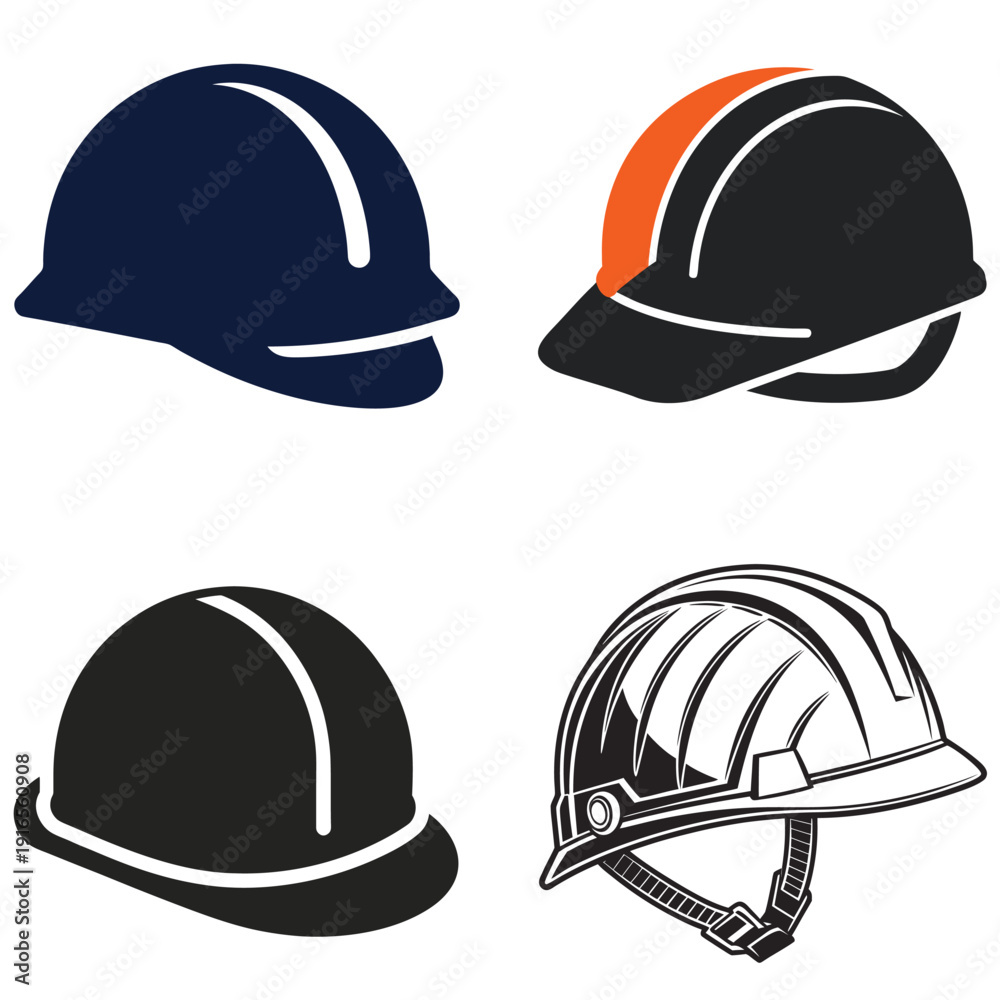 Fototapeta premium Hard hats graphic set in flat and line art styles with blue, orange, and black colors for safety and construction industry.