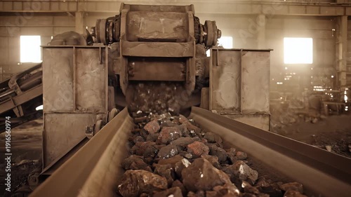 Dynamic close-up panning shot of raw metal ore moving along a conveyor belt, with an industrial crusher machine processing materials