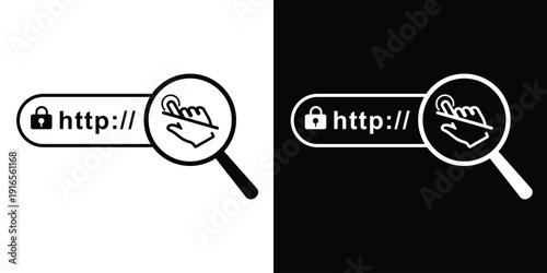 Secure HTTP search bar with magnifying glass and hand cursor. Icon for safe browsing, web security, SSL certificate, and internet searching.