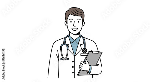 A smiling male doctor in a white lab coat with a stethoscope holding a medical clipboard, Generative AI.