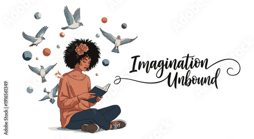 Vector illustration of a woman reading a book with imagination and creativity elements.