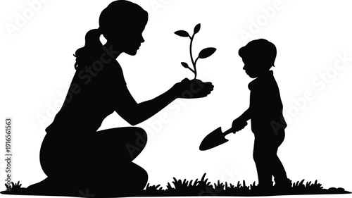 Mother and child planting sapling silhouette, family gardening activity, environmental awareness concept, parenting and childhood bonding, eco friendly vector illustration