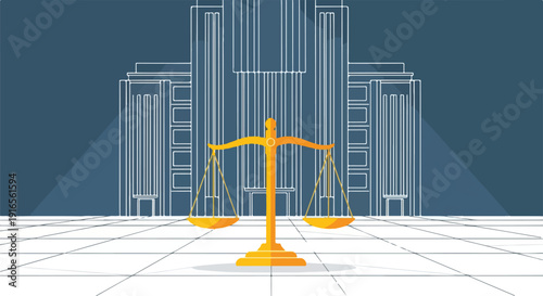 Golden Scales of Justice in front of a stylized courthouse building blueprint, symbolizing law and order